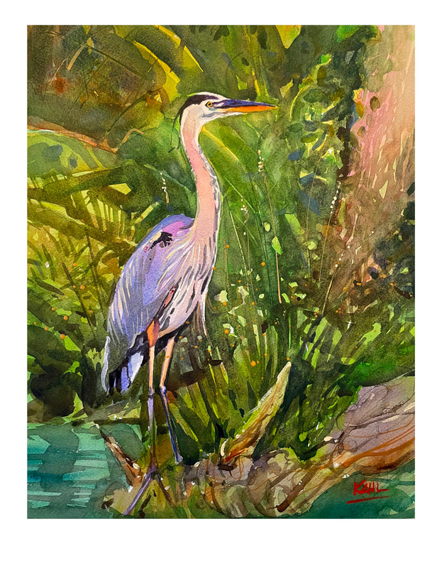 Watercolor painting of a blue heron in Florida