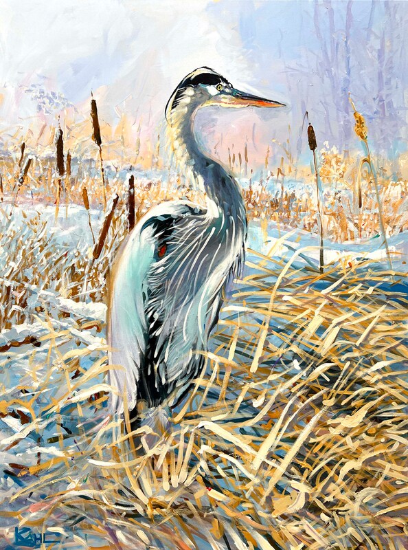 Painting of a blue heron in a snow covered marsh