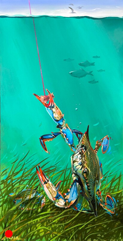 Painting of a blue crab reaching for baited line