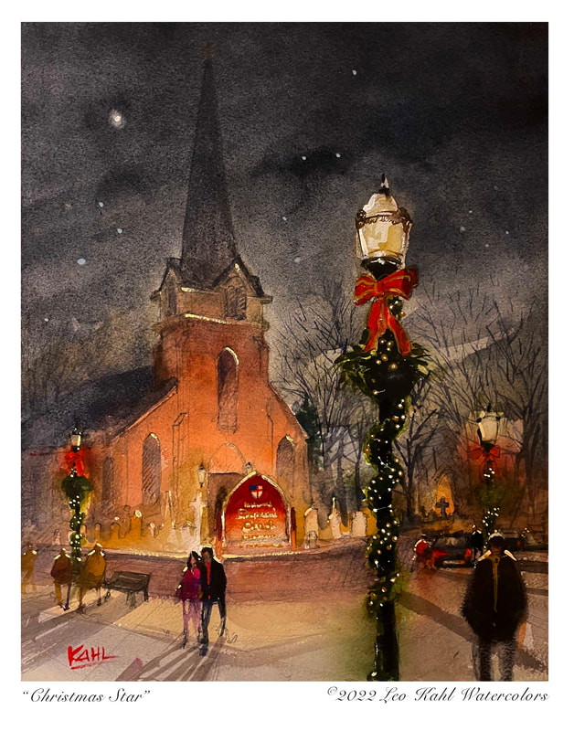 Holiday Watercolor painting of St. Peter's church in Lewes Delaware