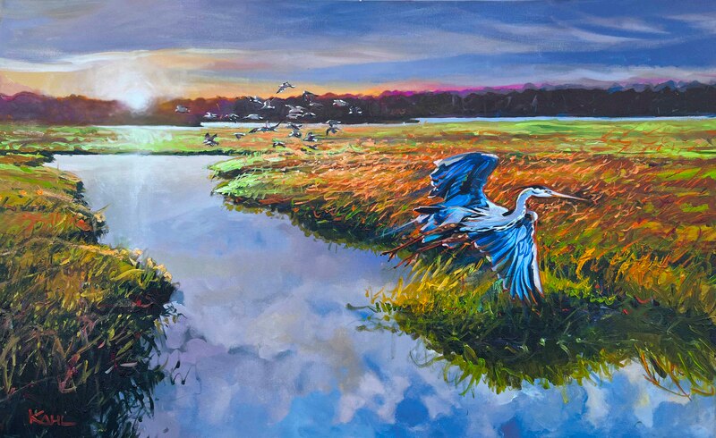 Painting of a blue heron flying over an autumn marsh