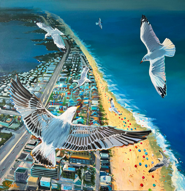Painting of seagulls looking down on Delaware beach and ocean