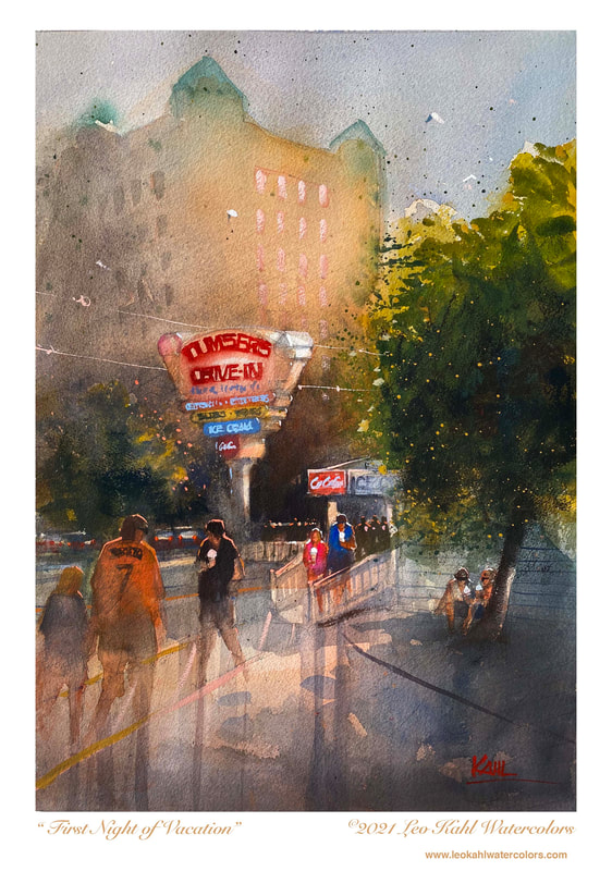 Watercolor painting of an ice cream parlor during summer with vacationers