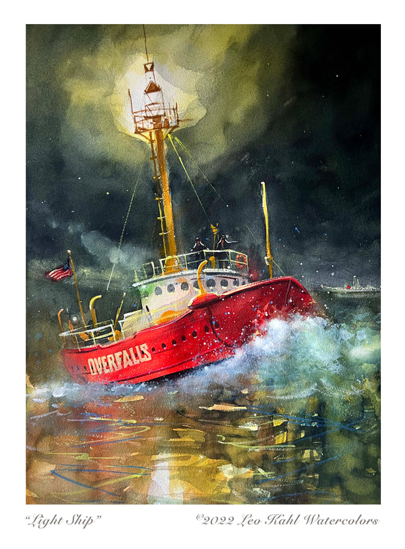 Watercolor Painting Overfalls Lightship at Sea