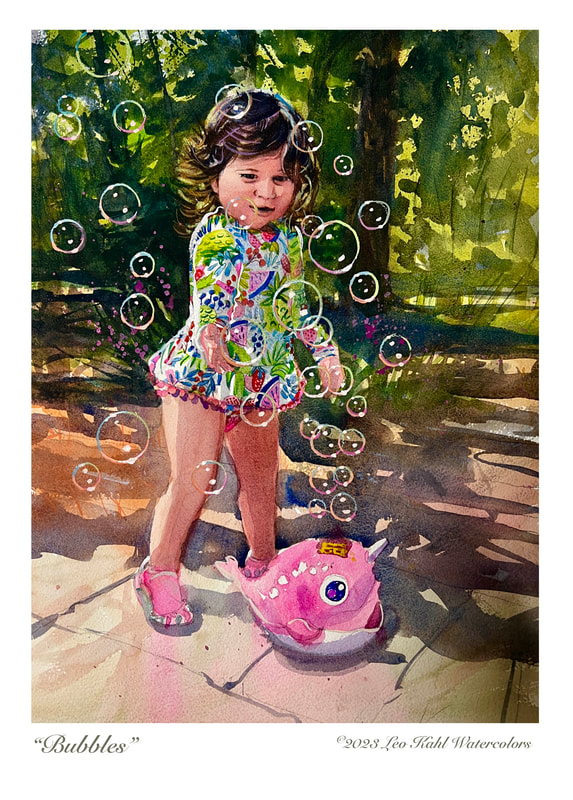 Watercolor painting of a toddler playing with bubbles