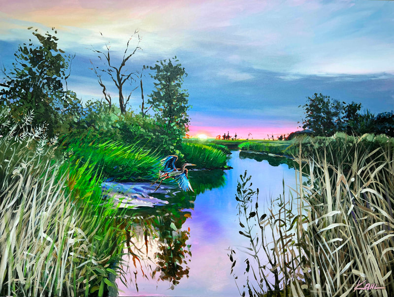 Painting of a blue heron flying over a Delaware tidal marsh at dusk