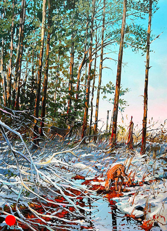 Painting of a young deer drinking from a creek in snow covered woods