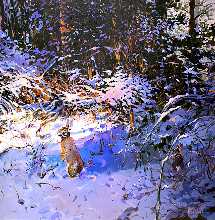 A painting of three rabbits in snow covered woods by Leo Kahl