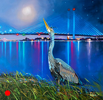 A painting of a blue heron at night with Indian River bridge in background by Leo Kahl