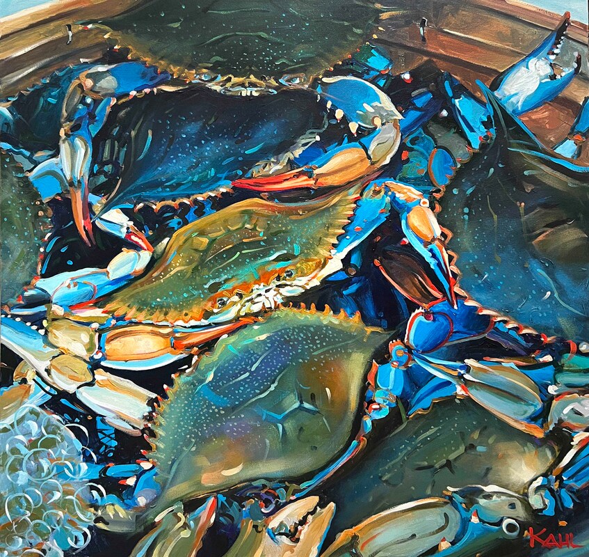 Painting of a basket of live Maryland blue crabs by Leo Kahl