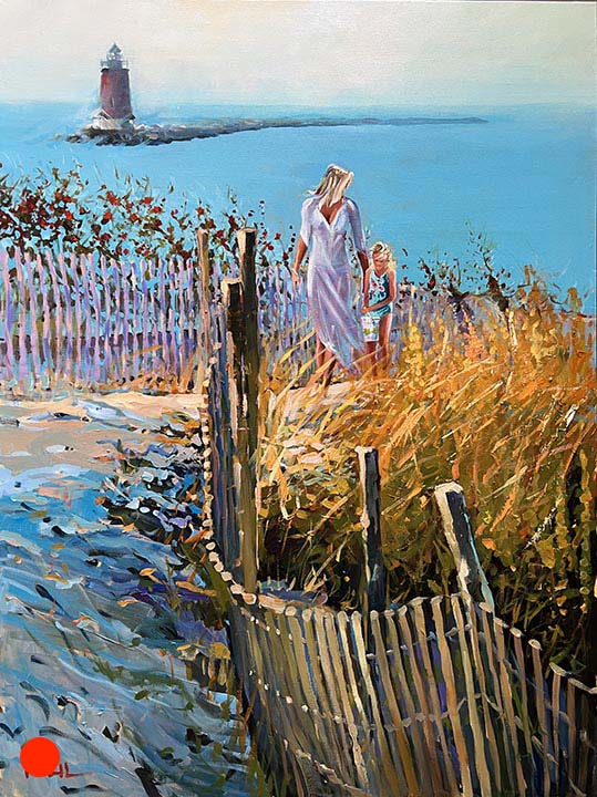 Painting of a young mother and daughter walking from a Lewes Delaware beach