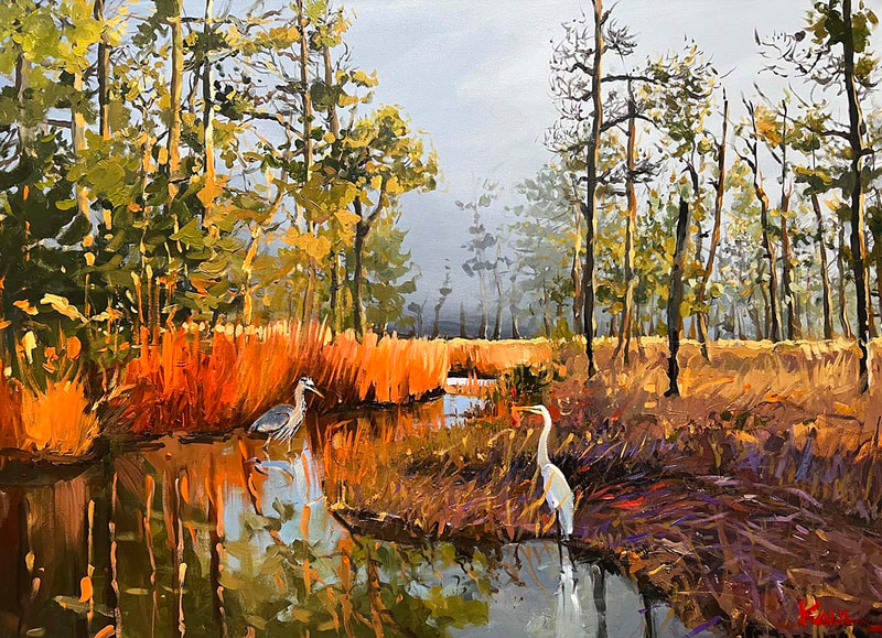 Painting of a white egret and blue heron in coastal woods