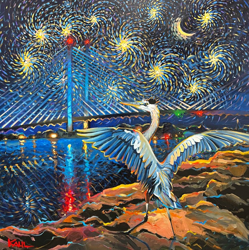 Painting of a blue heron with starry sky