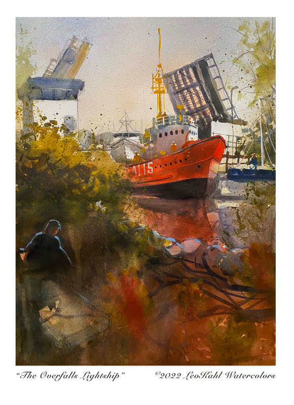 Watercolor painting of large red boat sailing past a draw bridge