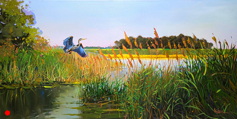 Painting of blue heron flying over marsh