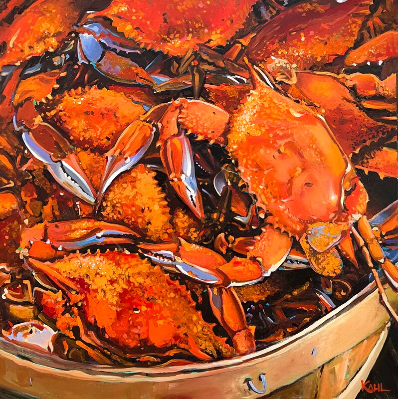 Painting of a bushel of steamed Maryland blue crabs