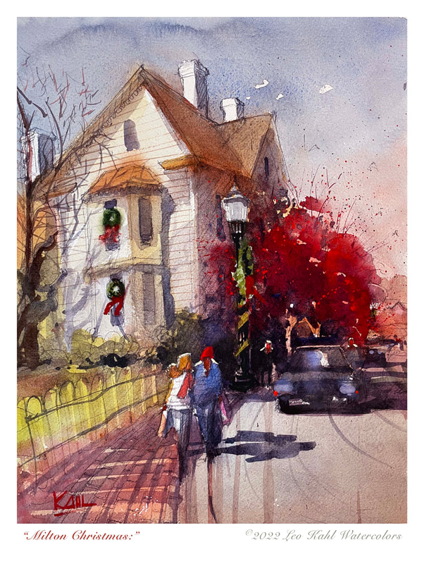 Watercolor painting of old home decorated for the holidays in Milton Delaware