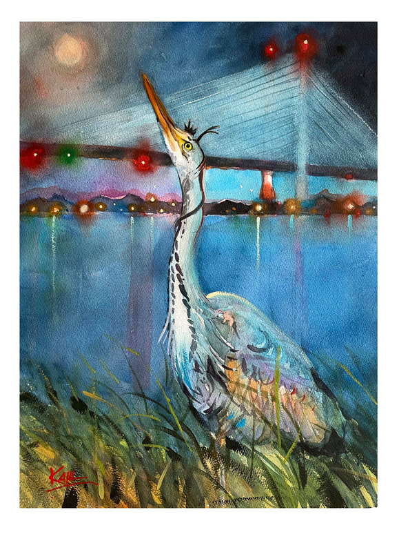 Watercolor painting of blue heron at night with bridge in background