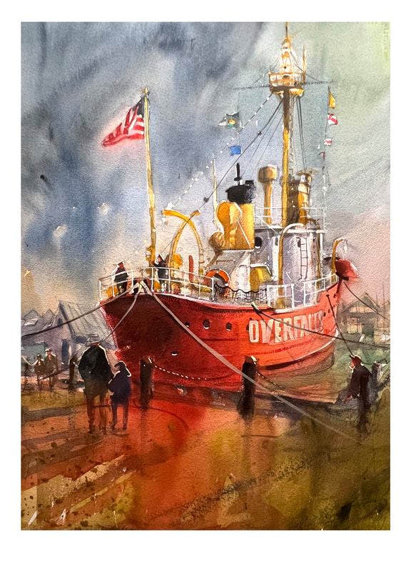 The famous Light Ship "Overfalls" docked in Lewes Delaware. Ghost like sailors raise the American Flag while an elderly gentleman watches with his young grandson.