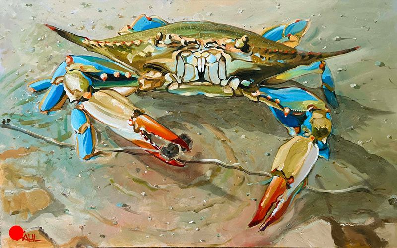 Painting of a live blue crab grabbing a baited line