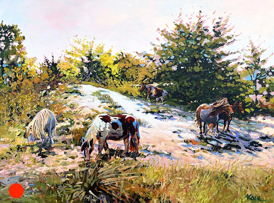 acrylic painting of wild ponies on Assateague Island