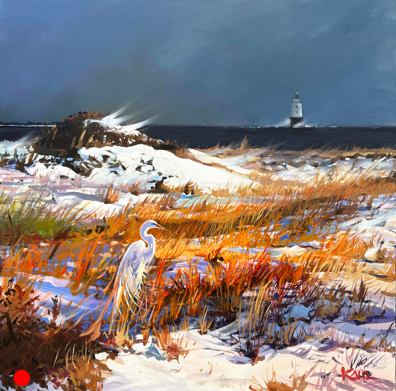 Acrylic painting of windswept snow covered dunes with white egret