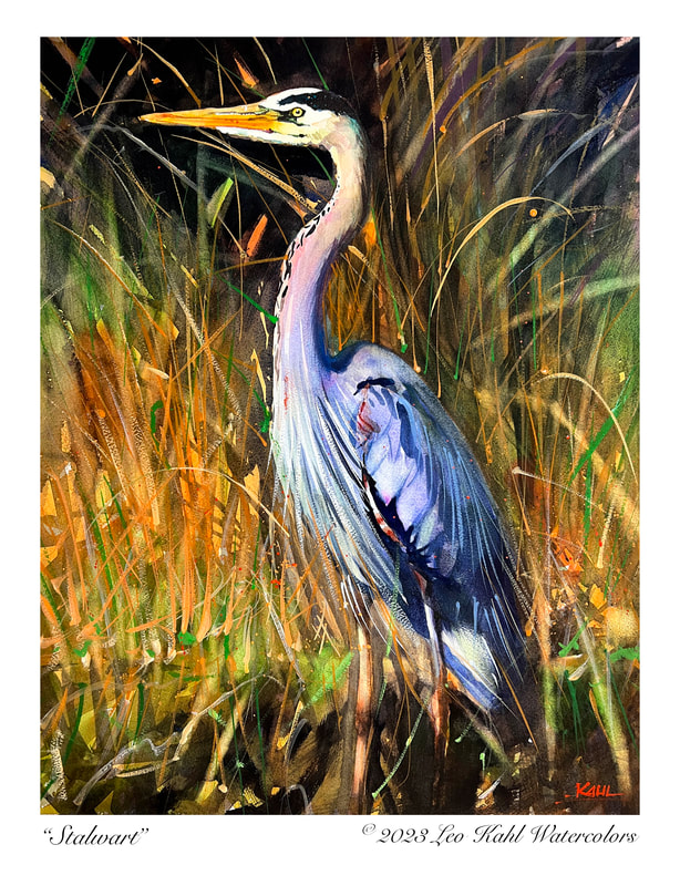 Watercolor painting Blue Heron Leo Kahl