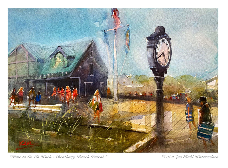 Watercolor painting of young lifeguards heading to work at Bethany Beach delaware