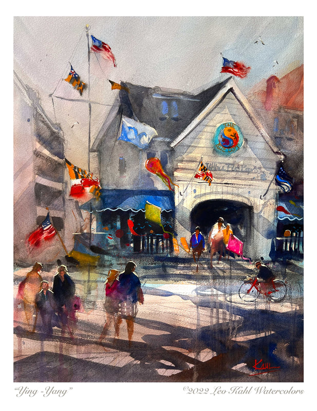 Watercolor painting of a boardwalk kite store at Ocean City Maryland