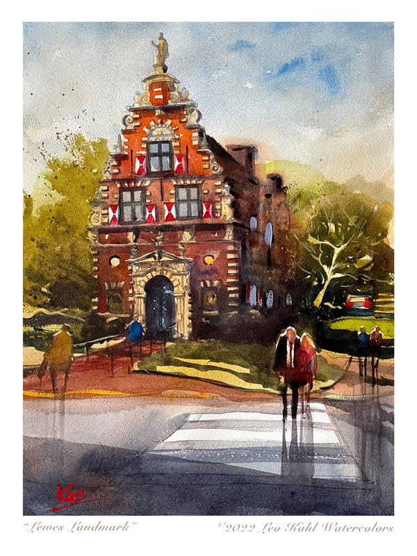 Watercolor painting of the historic Dutch Zwaanendael building in Lewes Delaware