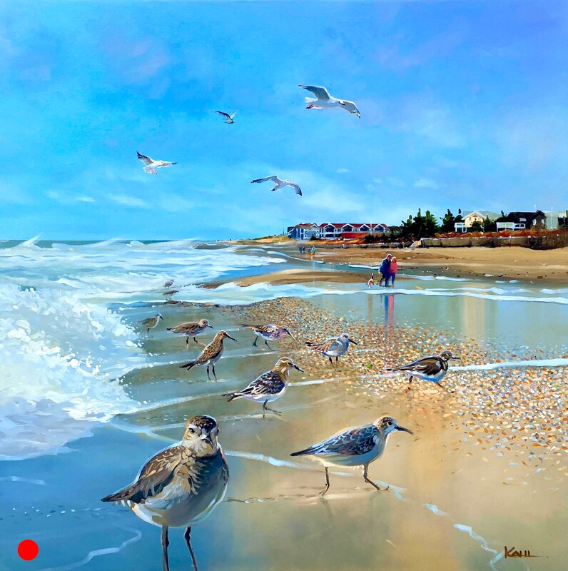 Painting of a winter beach with sandpipers