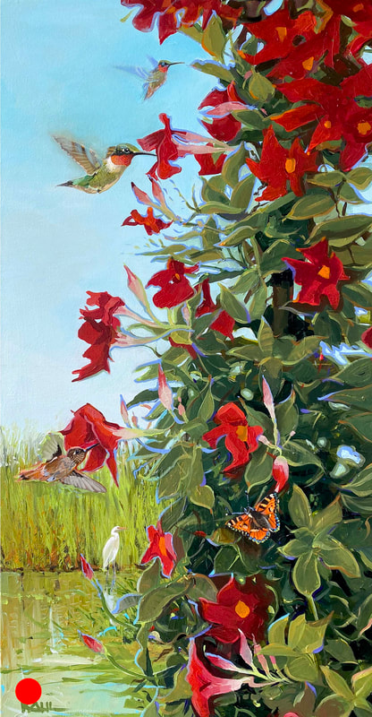 Painting of hummingbirds and plant with red flowers