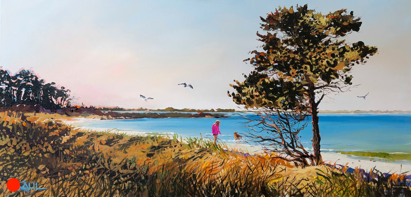 Painting of young woman playing with dog on Delaware beach