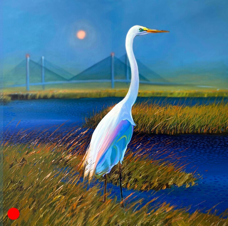 Painting of a white egret in Delaware marsh