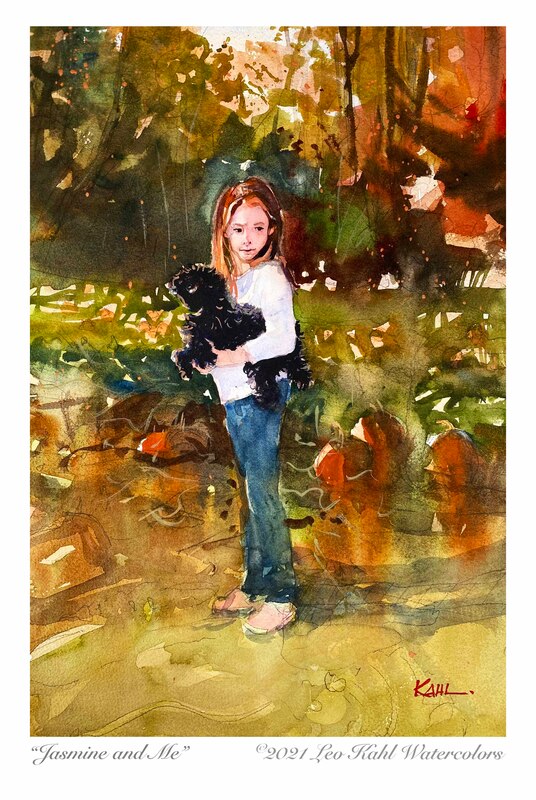 Watercolor painting of a young redheaded girl holding her small black dog