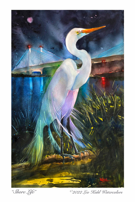Watercolor painting of a white egret and bright blue bridge in the background