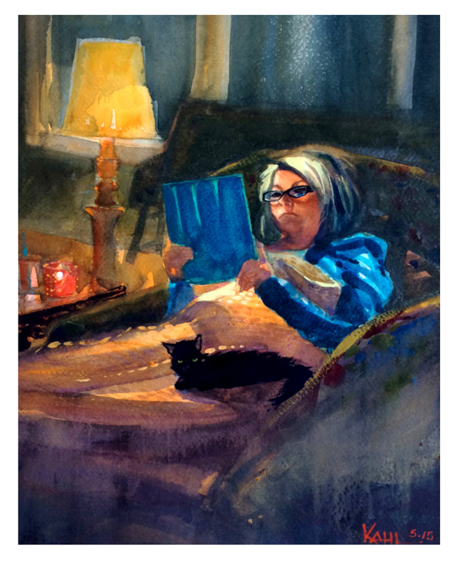 Watercolor painting of woman reading with black cat