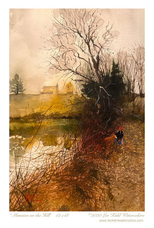 Watercolor painting of old yellow house reflecting into pond with dark evergreens and man and his dog