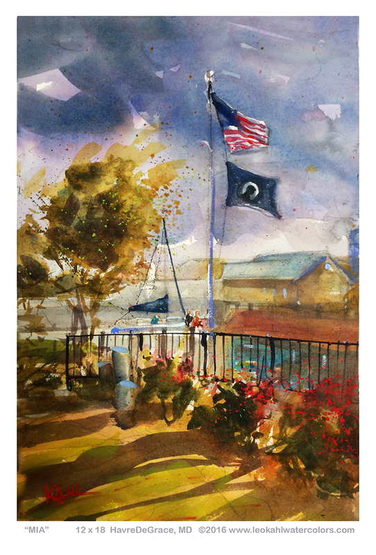 Watercolor painting of sail boats in Havre De Grace, Maryland with MIA flag