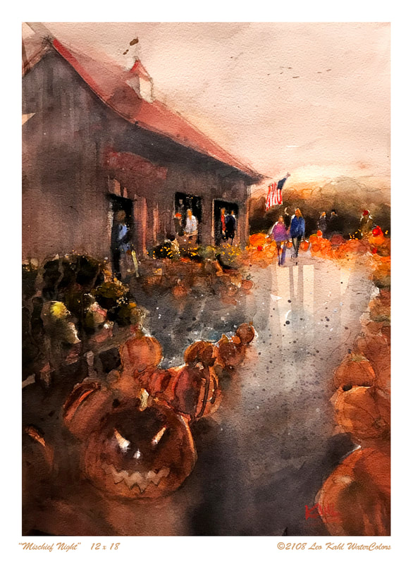 Watercolor painting of a produce stand with flowers, Halloween pumpkins and families