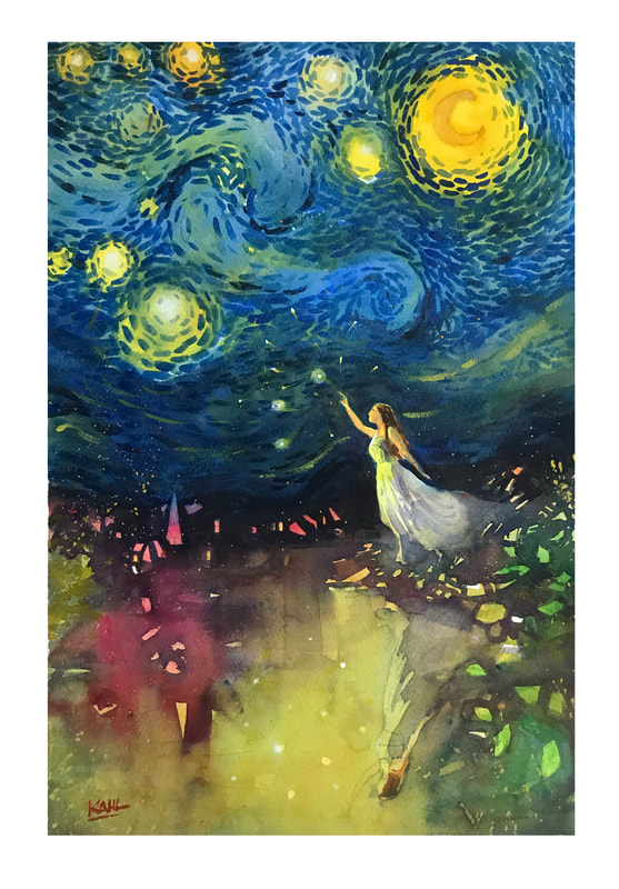Watercolour painting of young women tossing stars into a Van Gogh starry night scene
