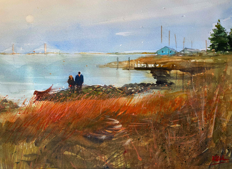 Watercolor painting of a couple walking with their dog along Indian River in Sussex county Delaware