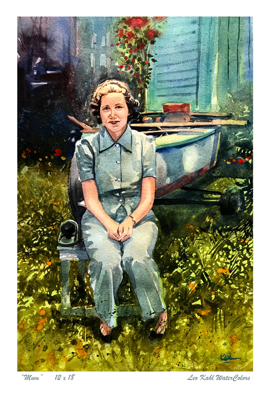 Watercolor painting of woman in 1940s in pant suit