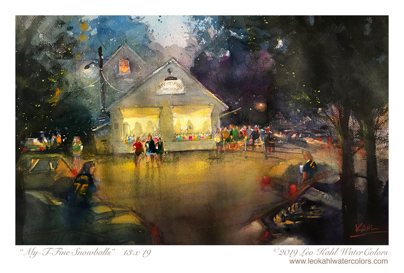 Watercolour painting of young high school kids buying and enjoying snowballs at Maryland snowball stand
