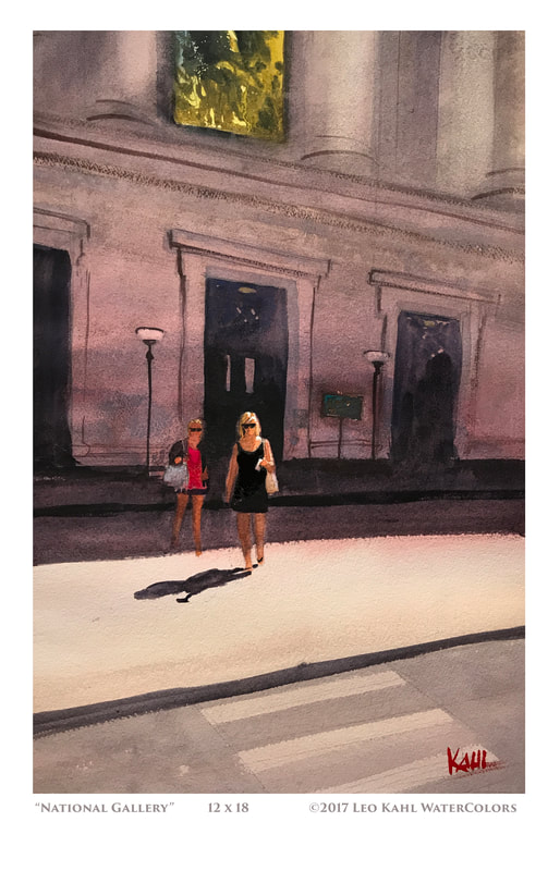 Watercolor painting of mother and daughter leaving the National Portrait Gallery in Washington, DC.