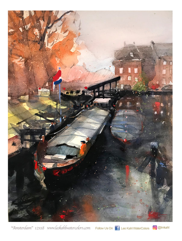 Watercolor painting of canal barges in Amsterdam