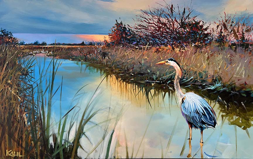 Painting of a blue heron looking at whitetail deer in tidal marsh