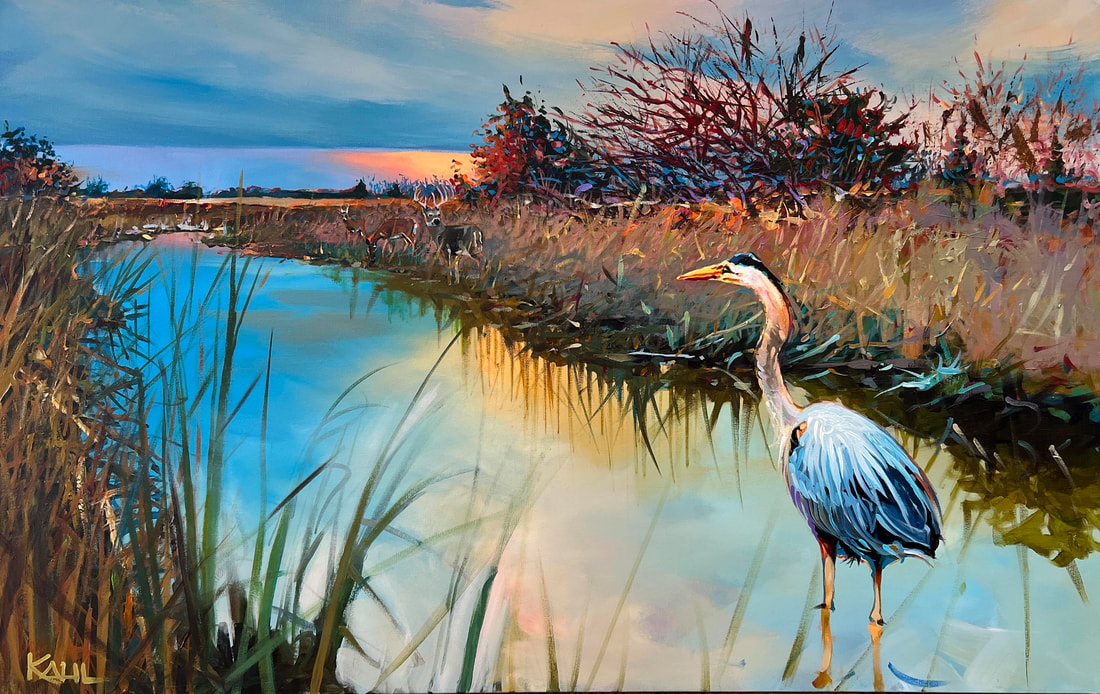 A painting of a blue heron and whitetail deer in a Delaware tidal marsh by Leo Kahl