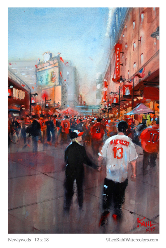 Watercolor painting of young newlywed couple at a Baltimore Orioles baseball game.