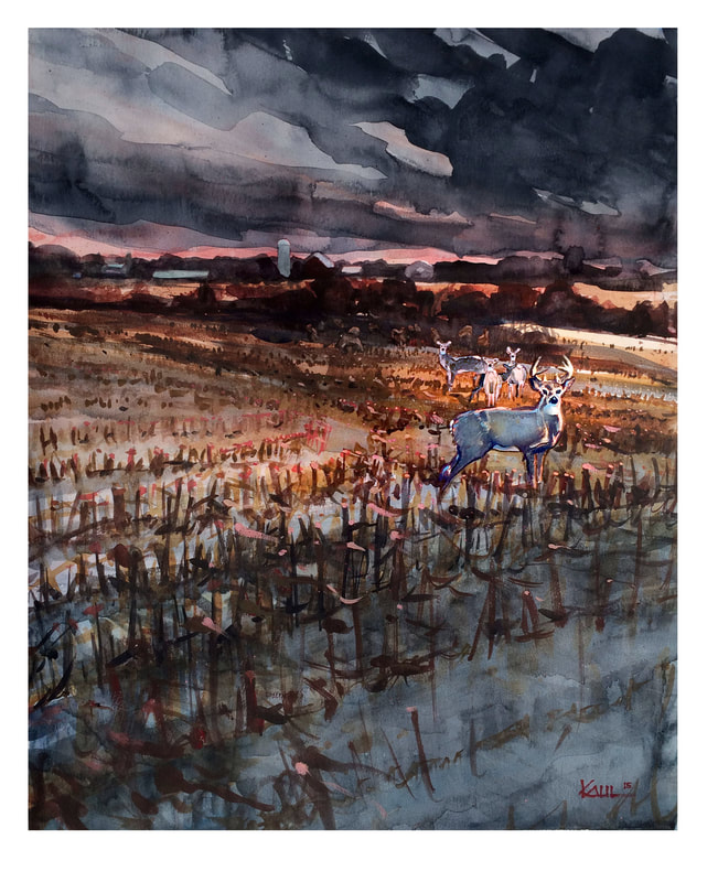 Watercolor painting of a whitetail buck and does in a winter cornfield